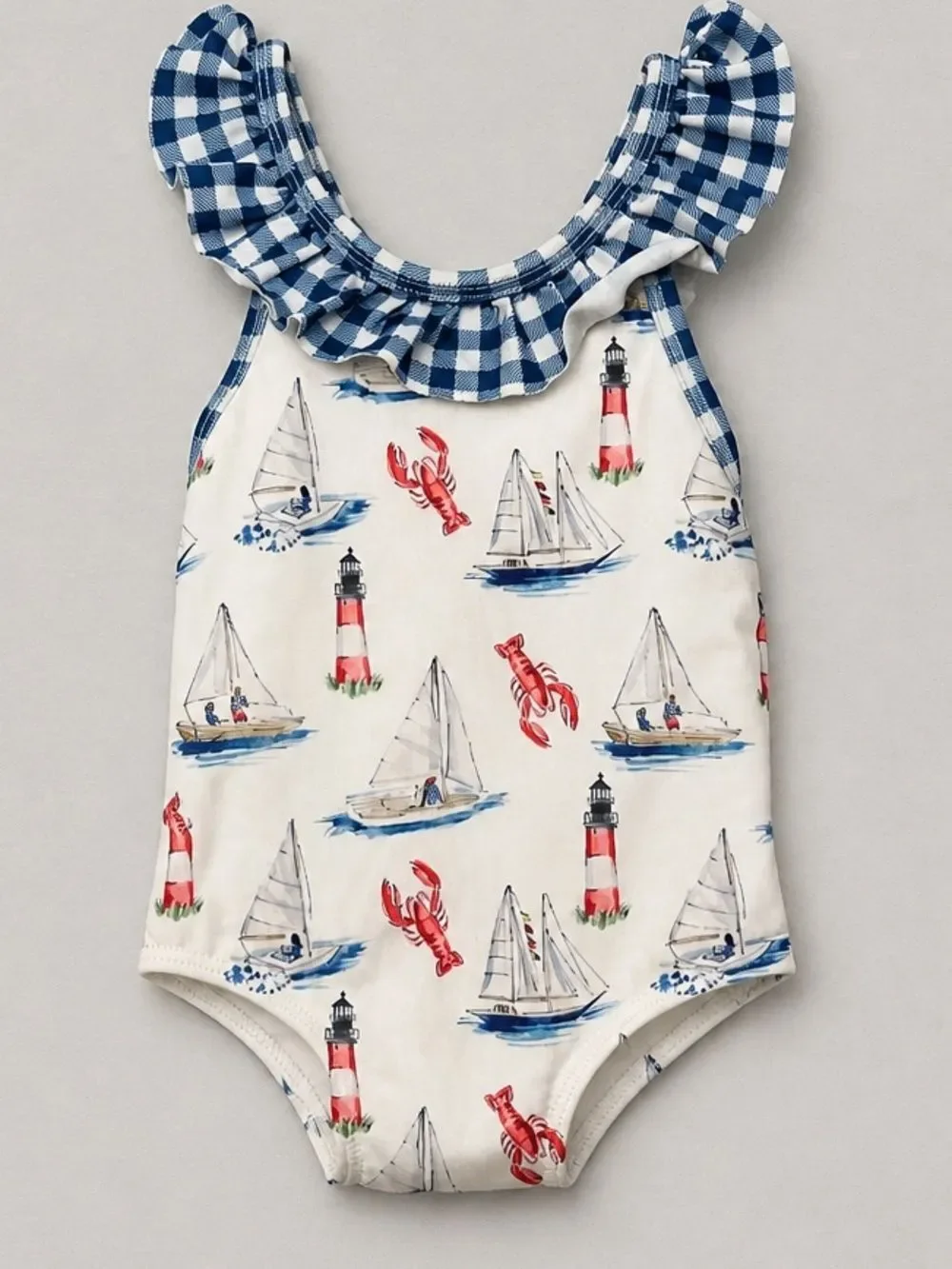 Smocking Bird boat lighthouse and lobster print one piece swimsuit size 18 month